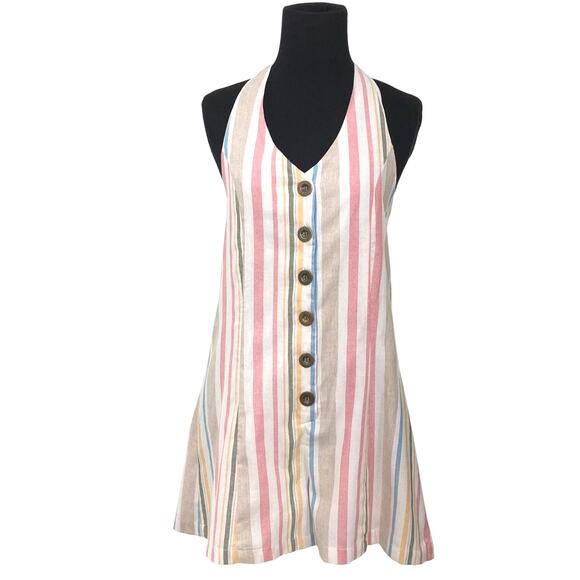 NWT PARADISE USA ROMPER L~M~S Chest 30”Rainbow Stripe V-Neck 6-Button Halter Bow - Picture 1 of 10